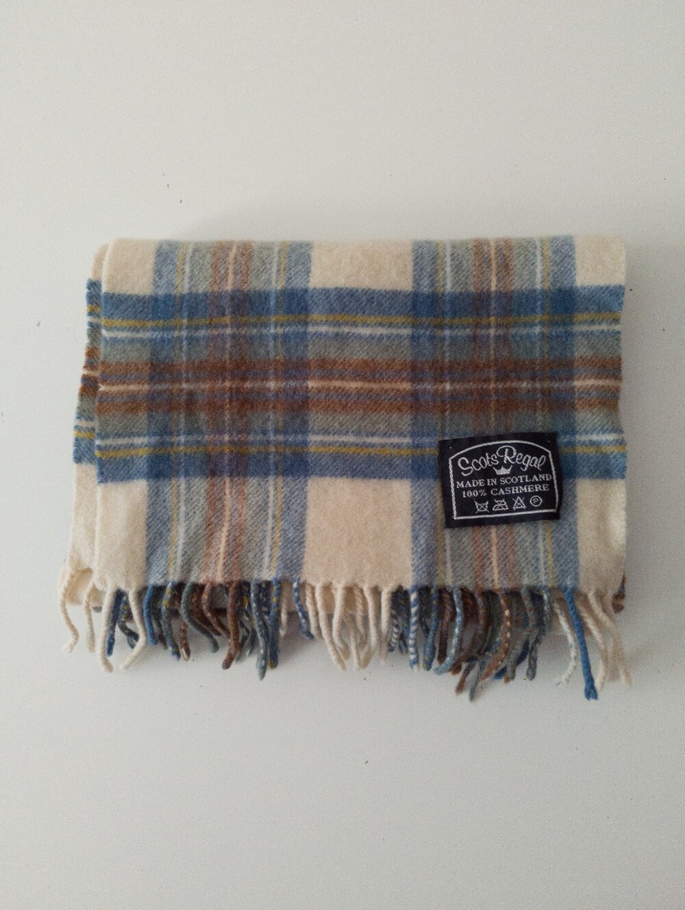 Scots Regal 100% Cashmere Scarf Made in Scotland Blue Tan Plaid Fringe